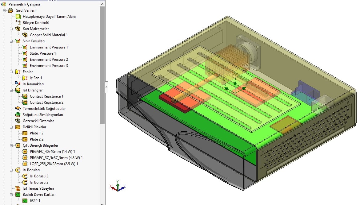 SOLIDWORKS Flow Simulation ile Parametrik Etütler Akış analizi model görünümü.